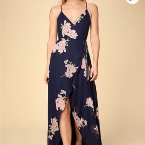 Lulus Loiselle Navy Blue Floral Print Polka Dot Wrap Maxi Dress NWT